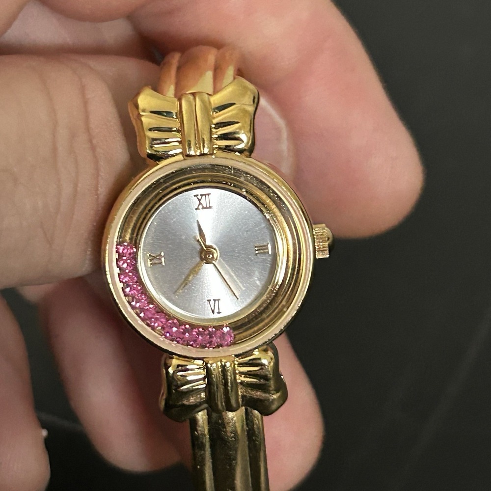 GoldTone Bracelet Watch Floating Lavender-pink Rhinestone Bezel Japan Quartz Y2K - Picture 6 of 9